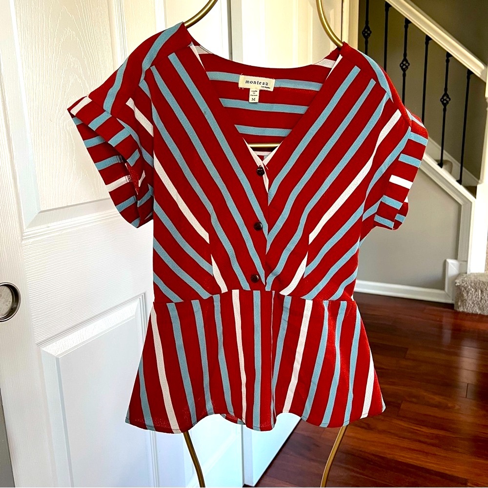 Monteau striped button women’s medium blouse shirt top EUC orange blue white